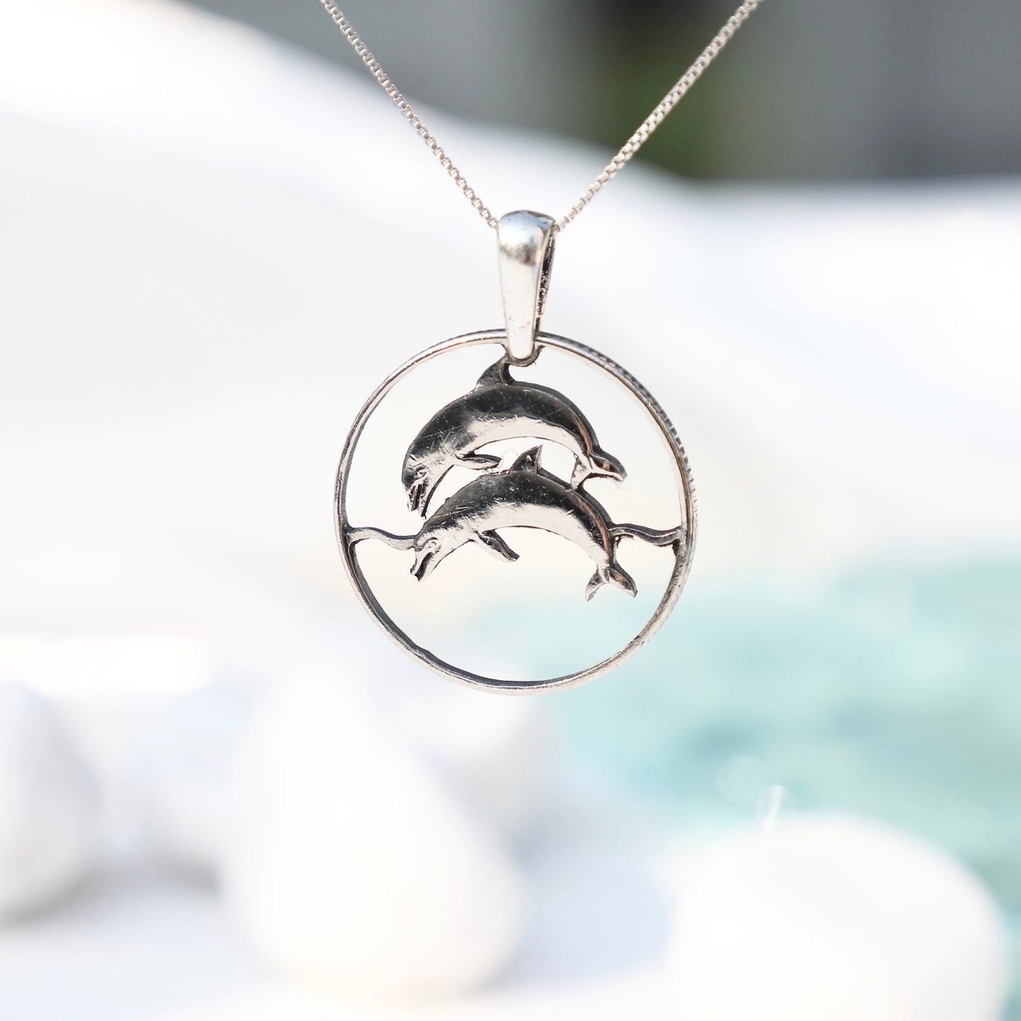 Iceland The Dolphin Duet: Handcut Coin Pendant Necklace