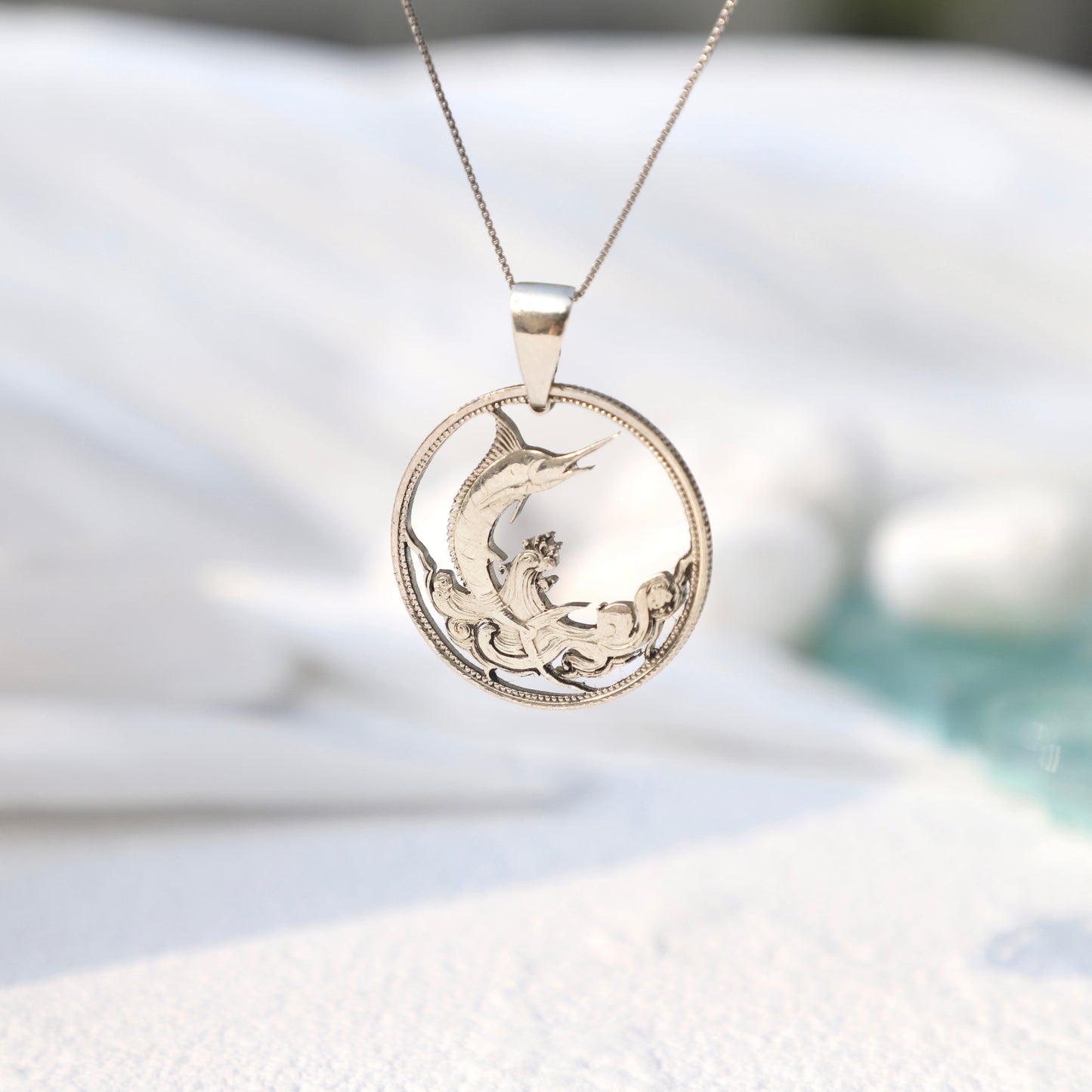 Bahamas The Marlin Leap (Silver Proof): Handcut Coin Pendant Necklace