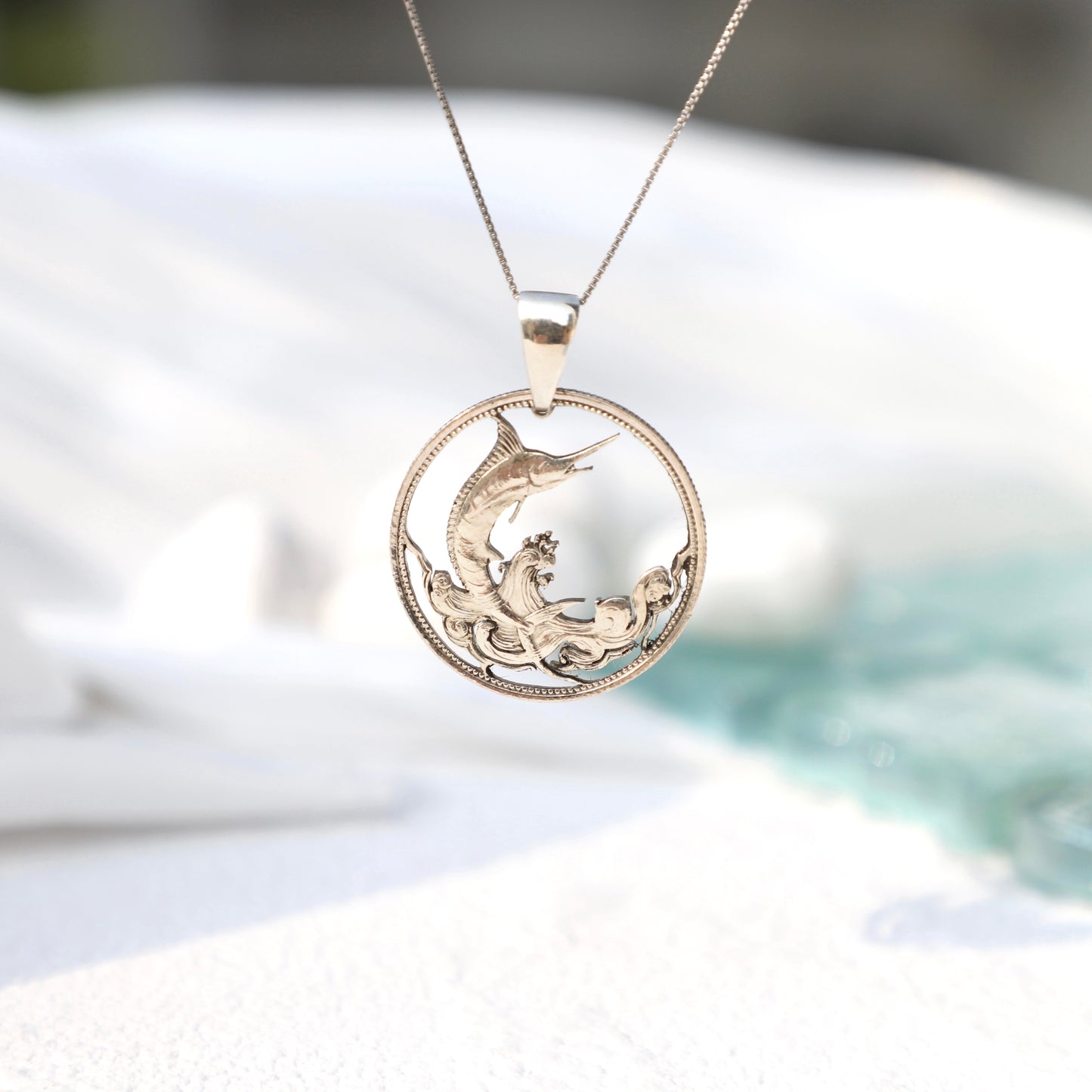 Bahamas The Marlin Leap (Silver Proof): Handcut Coin Pendant Necklace