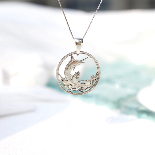 Bahamas The Marlin Leap (Silver Proof): Handcut Coin Pendant Necklace