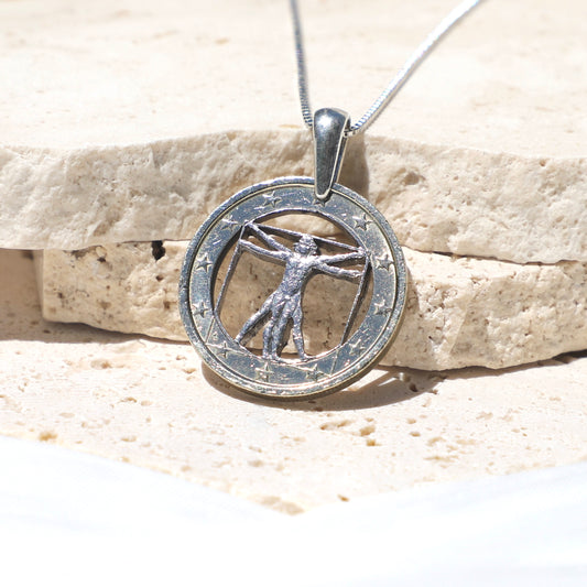 Italy Vitruvian Man (Chunky): Handcut Coin Pendant Necklace