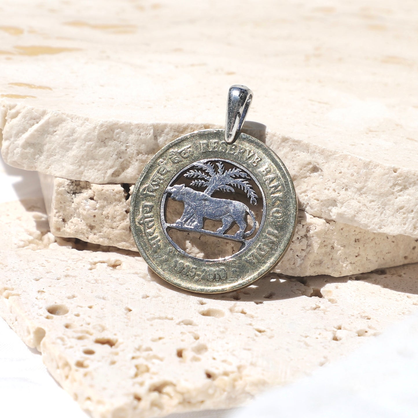 India Lion Strike: Handcut Coin Pendant Necklace