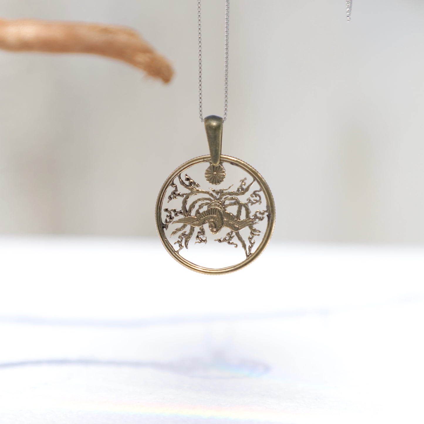 Japan Phoenix in Clouds: Handcut Coin Pendant Necklace