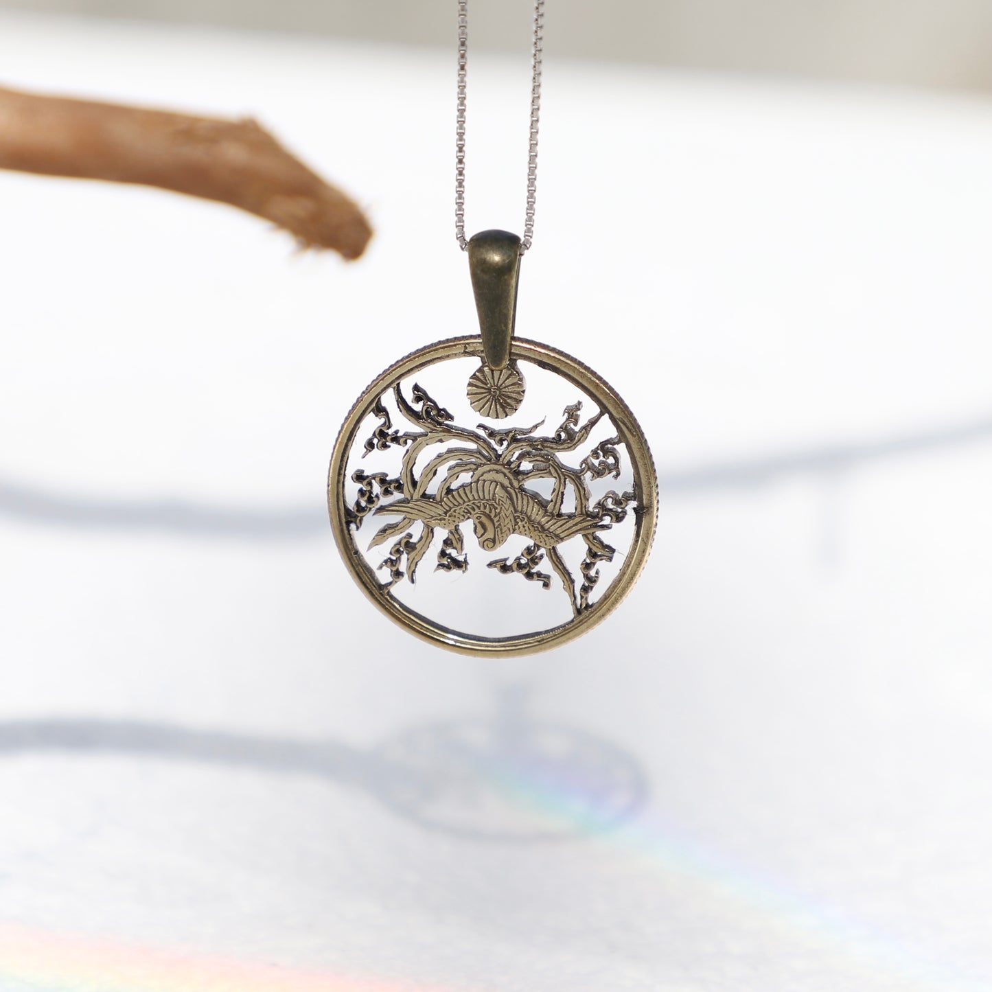 Japan Phoenix in Clouds: Handcut Coin Pendant Necklace