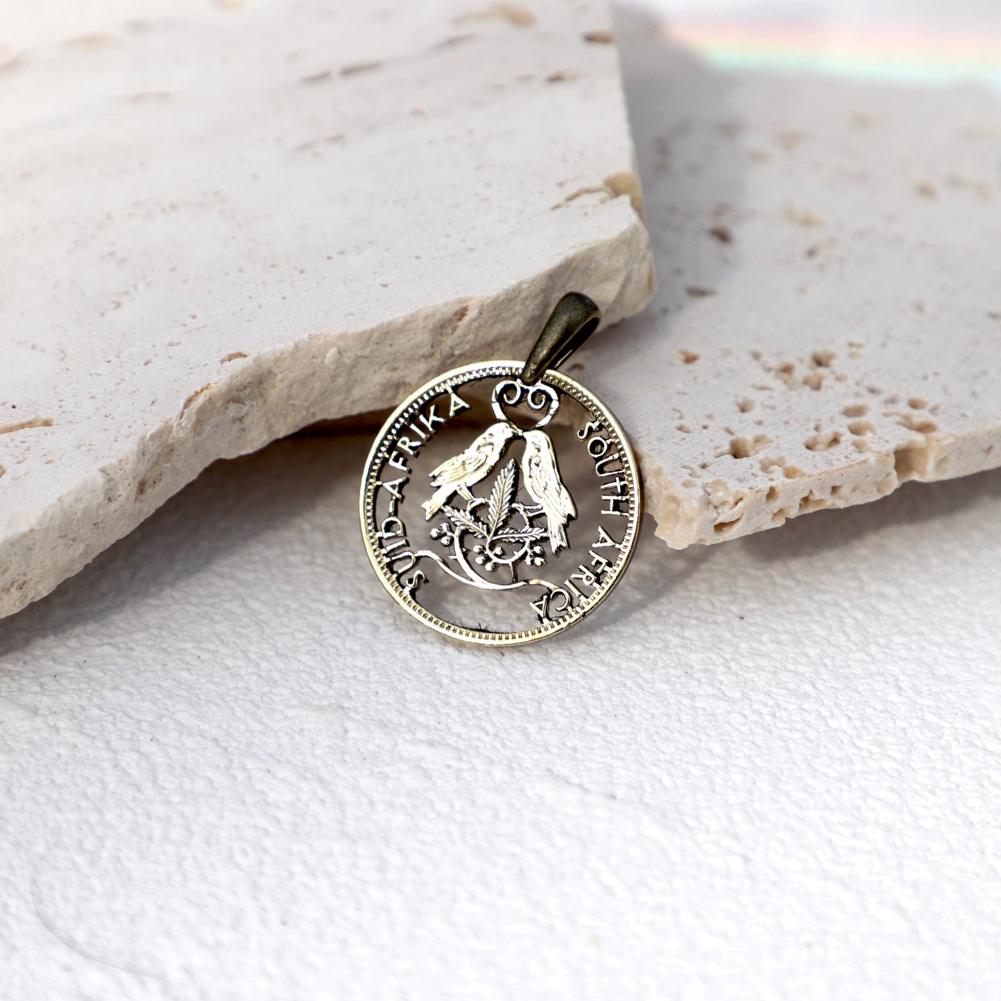 South African Lovebirds: Handcut Coin Pendant Necklace