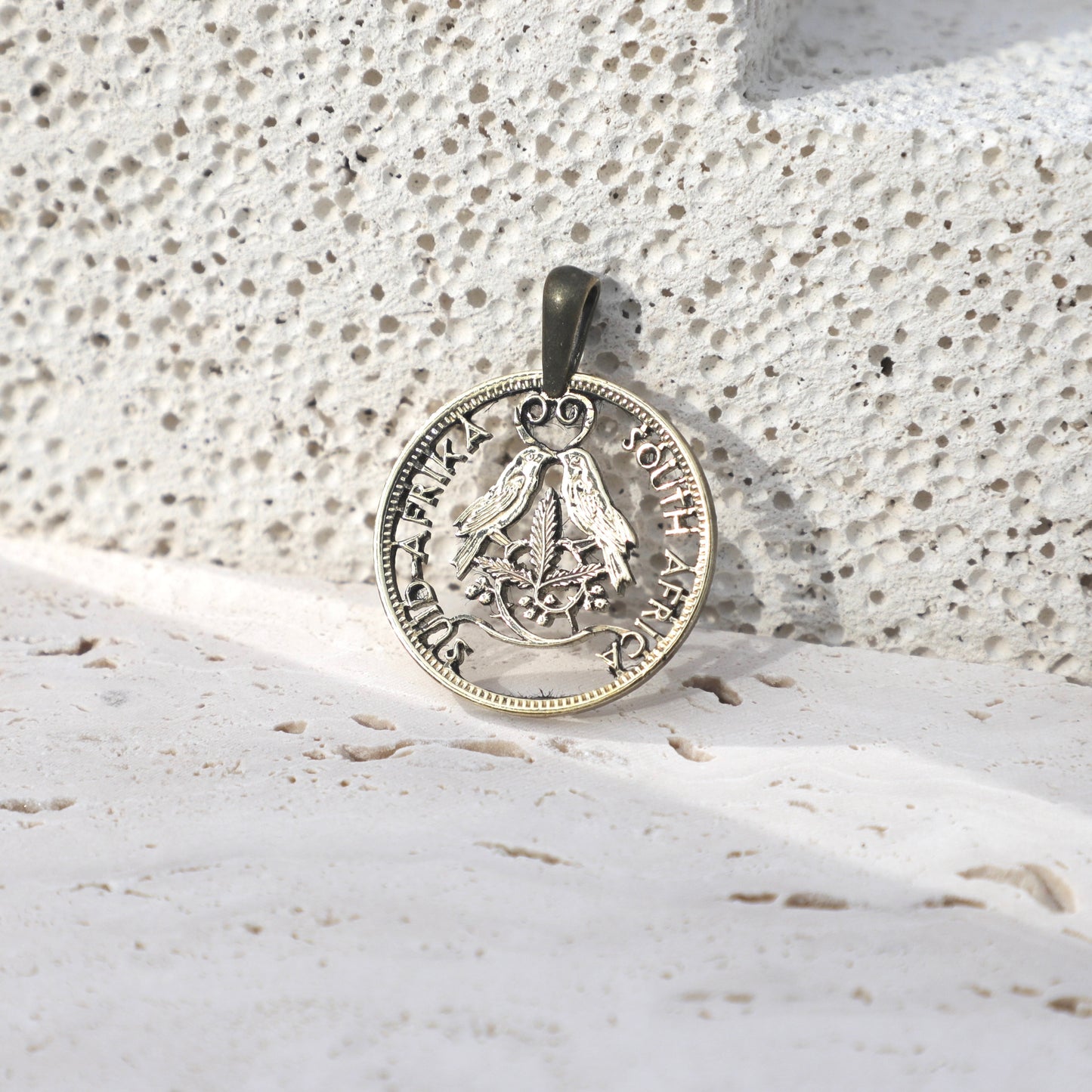 South African Lovebirds: Handcut Coin Pendant Necklace