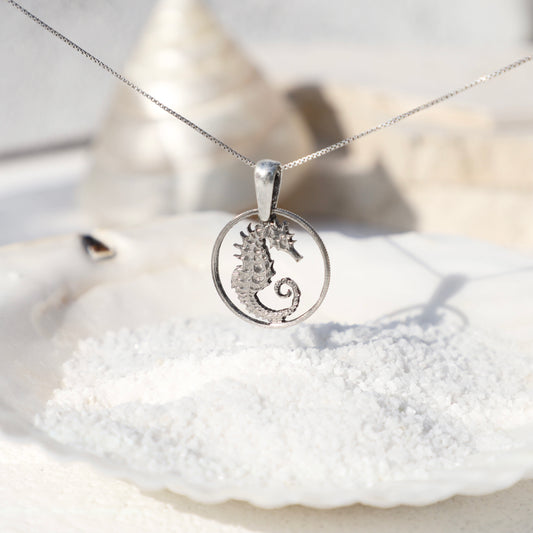 Singapore Petite Seahorse: Handcut Coin Pendant Necklace